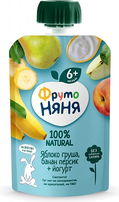 Пюре ФрутоНяня 90г м/у яблоко/груша/банан/персик/йогурт